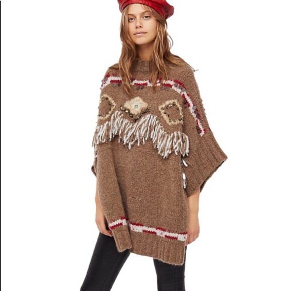 Free People Brown Fringe Oversized Poncho Sweater XS - Picture 14 of 16
